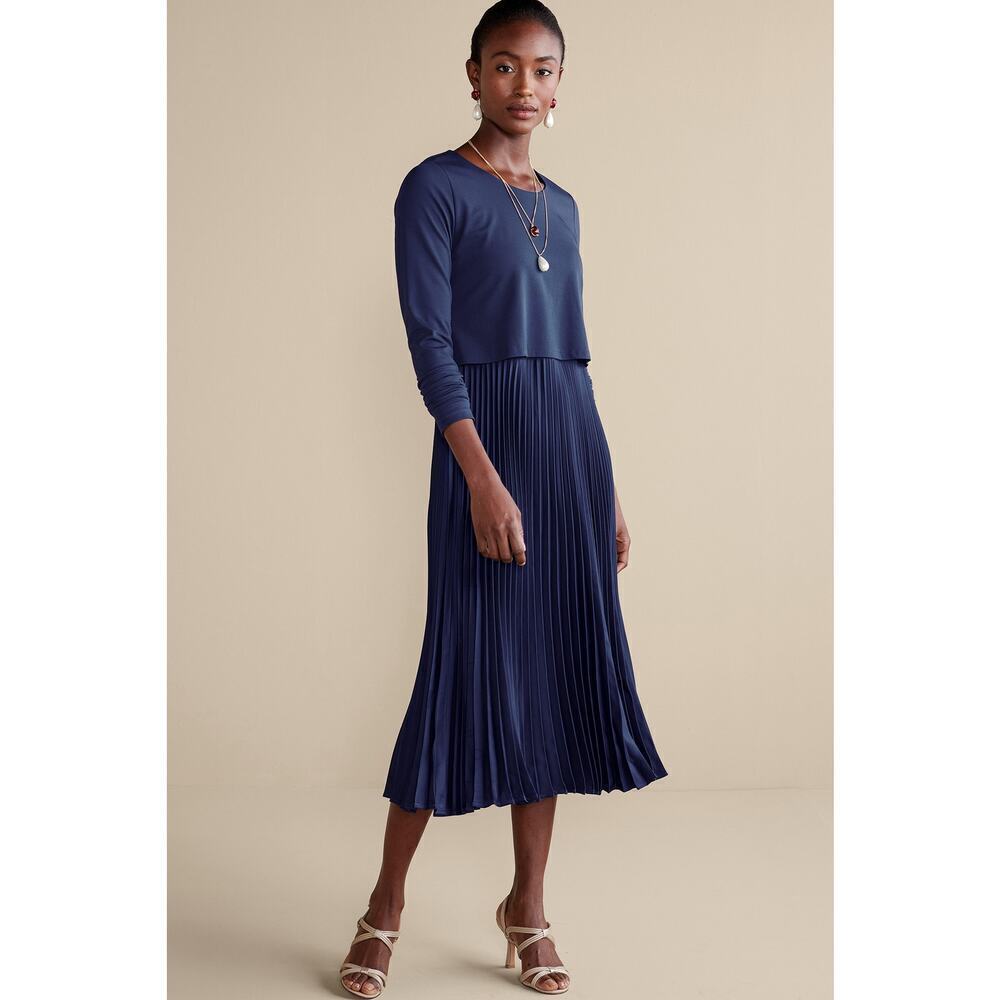 Soft Surroundings Cassandra Midi Pleated Dress Medium Navy Cocktail Career NWT